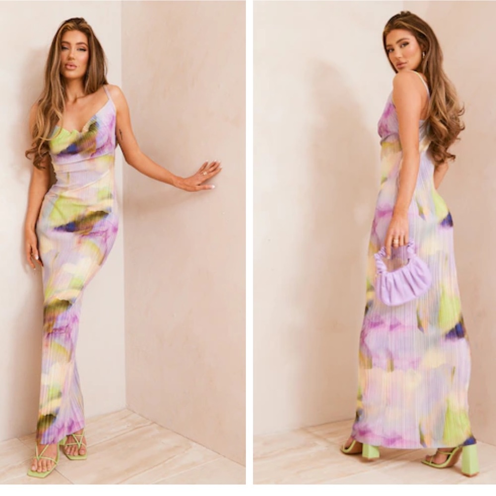 PLT Multi Watercolour Plisse Strappy Maxi Dress